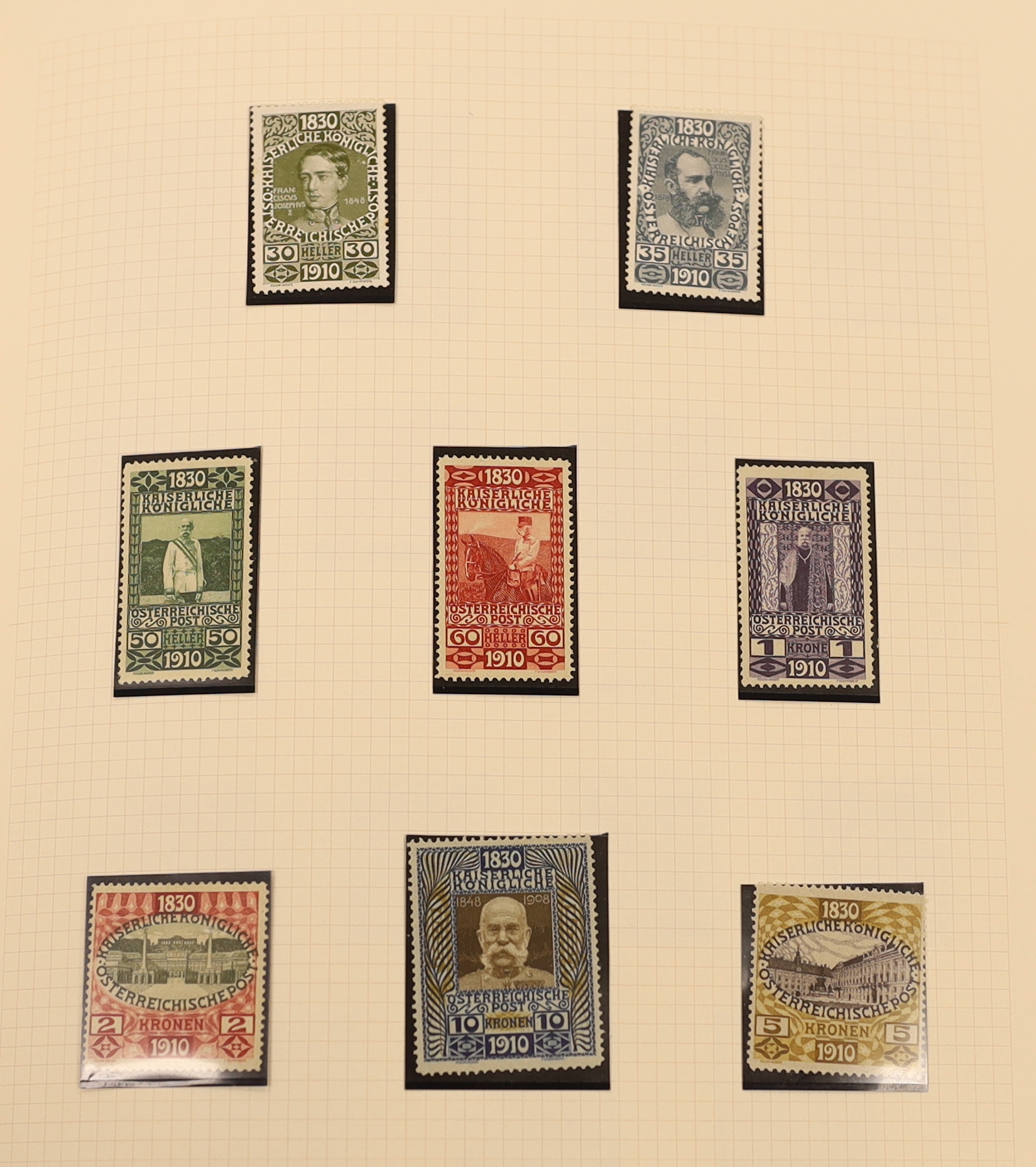 A collection of Austrian stamps in three albums with a range of early issues including imperfs, 1858-59 3k. black and 3k. green used, 1910 Birthday set mint, 1933 WIPA 50g. mint, 1946 Anti- Fascist unissued pair unmounte